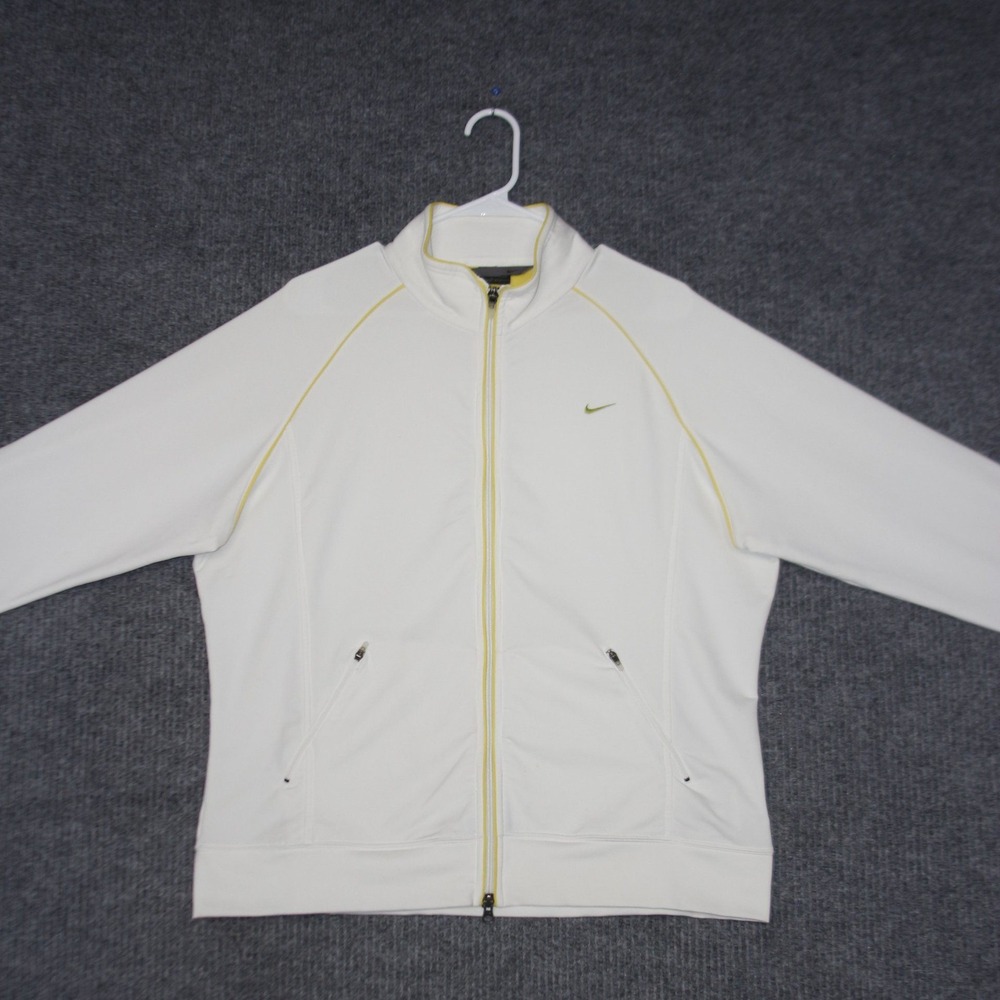 Nike Full Zip Track Jacket Womens XL White‎ Yellow Piping Swoosh Stretch Active